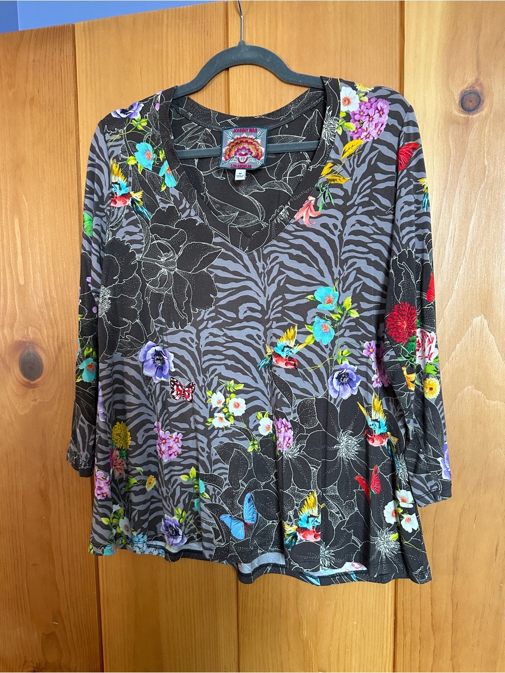 Johnny Was Gray Zebra-Print V-Neck Top with Multicolor Floral Accents - Picture 2 of 5
